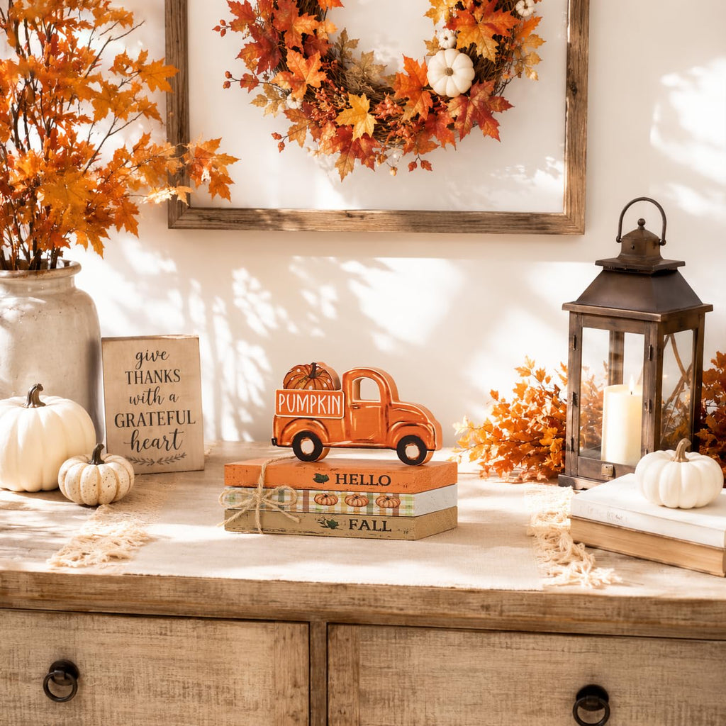 Smile Fall Wooden Decor Signs, Truck Pumpkin HELLO FALL PUMPKIN Tiered Tray Tabletop Signs for Autumn Harvest