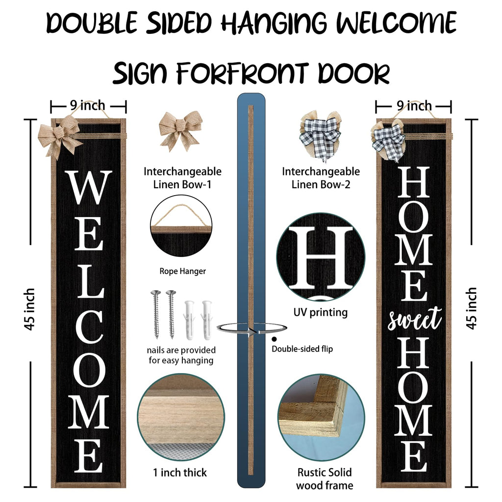 Outdoor Welcome Sign for Front Porch 2 Sided 45"X9" Wood Black