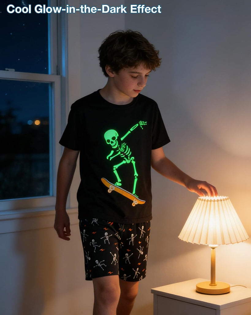 Boys Pajamas Sets Glow in Dark Summer Short Sleeve Sleepwear Skull Kids Pjs
