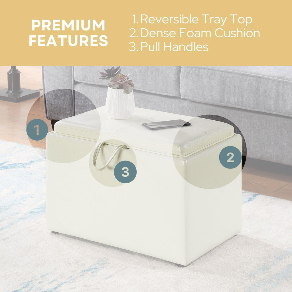 Designs4Comfort Accent Storage Ottoman 22.75" - Modern Foot Stool with Decorative Tray, Ivory Faux Leather