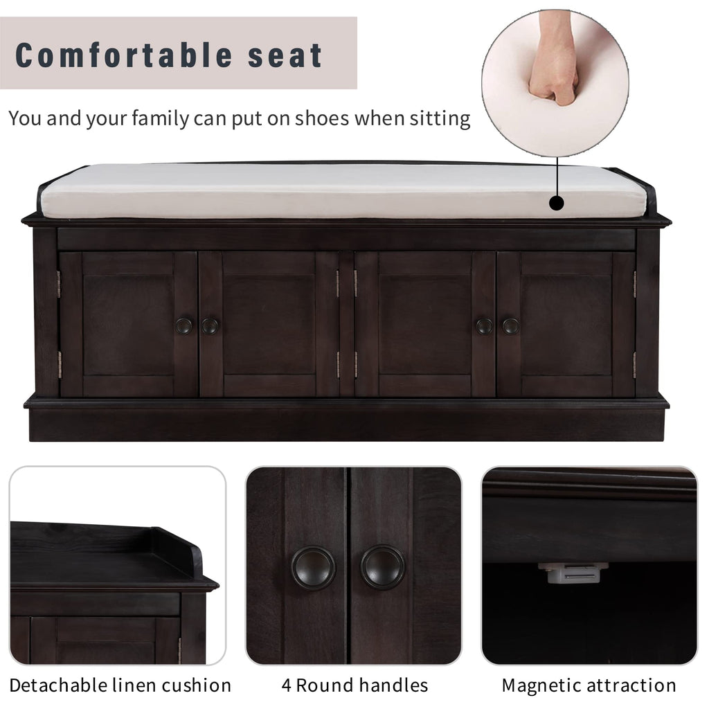 Farmhouse Storage Bench, Wood Storage Benches with Adjustable Shelves, Shoe Bench with Storage and Removable Cushion