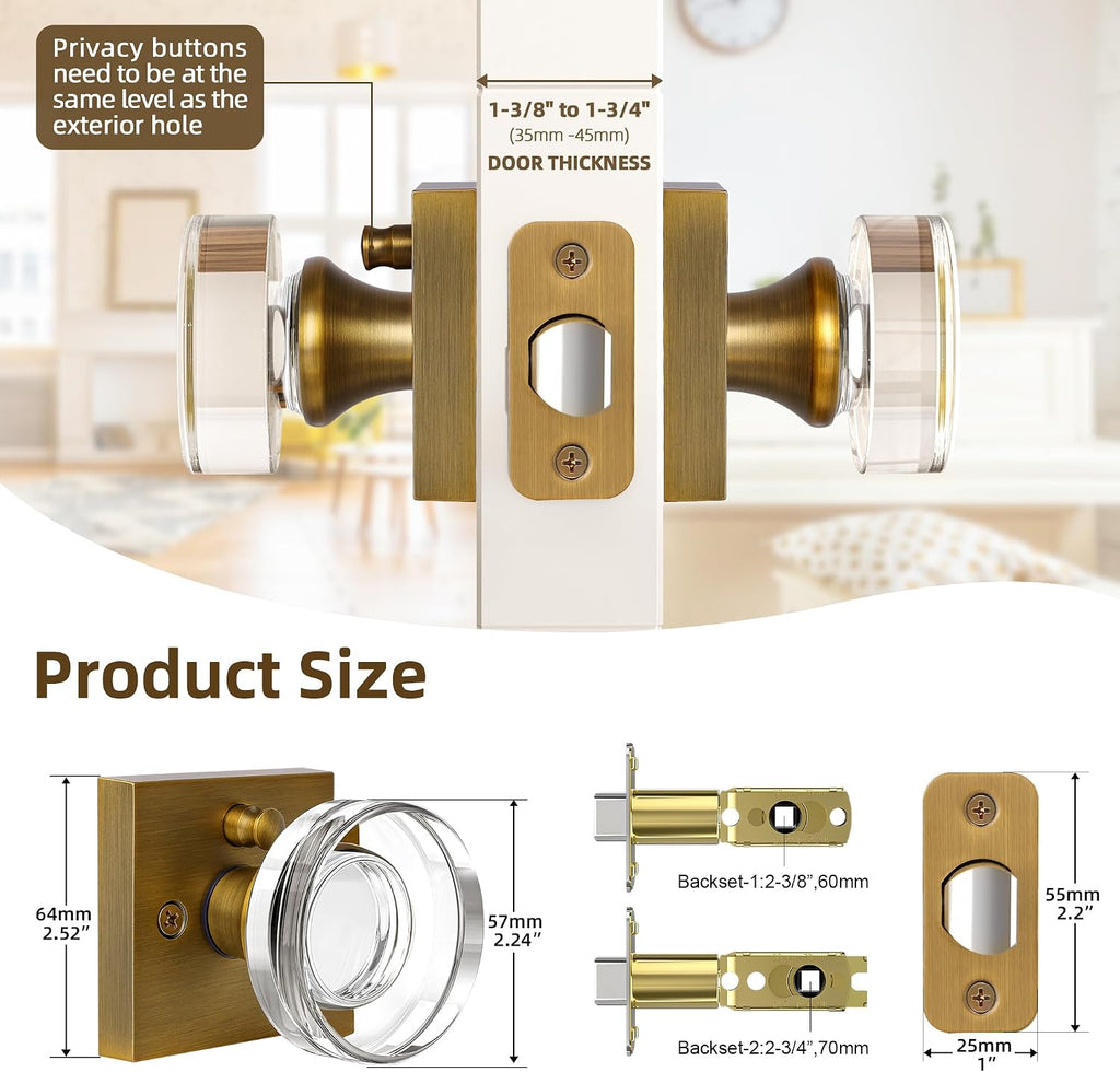 Crystal Door Knobs Antique Brass Door Knob Interior Privacy Door Knobs with Lock, Glass Door Knob Vintage Door Handle