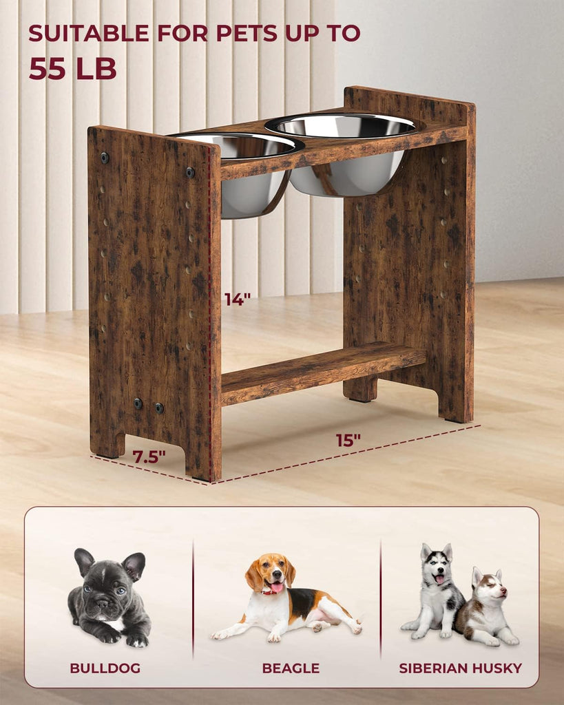 Elevated Dog Bowls, Adjustable Bowl Stand Medium, Rustic Brown
