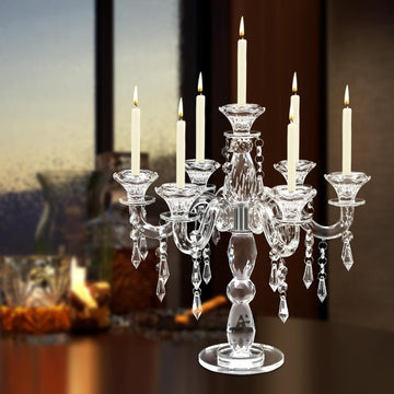 Crystal Candle Holder, 7-Arm 14 in Tall Modern Clear Candelabra Candlestick, Crystal Tapered Candle Holders Centerpieces