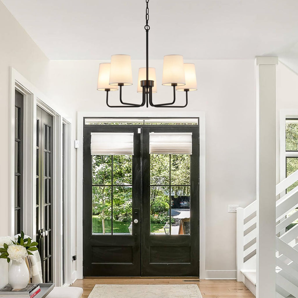 Farmhouse Chandelier, Matte Black with White Fabric Shade, Farmhouse Linear Island Lighting Fixture (5-Light Matte