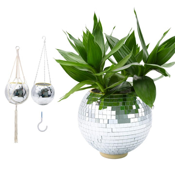 8" Silver Disco Ball Planter with Hanging Rope, Hanging Chain, Hook, Circle