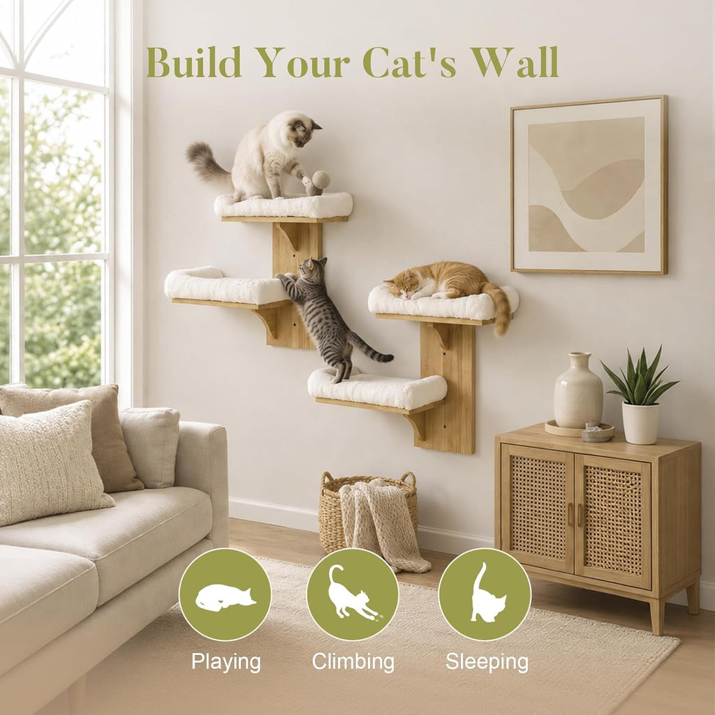 2-Tier Cat Wall Shelves with Bolstered Bed, Solid Wood Wall Mounted Cat Steps and Perch for Single Stud Drywall