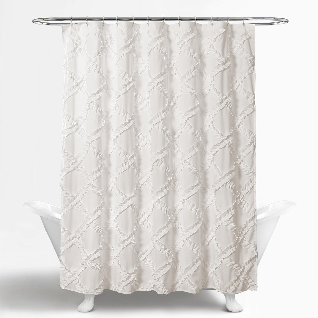 Ruffle Diamond 72"L x 72"L White - Fabric Shower Curtains - White Bathroom Curtain - Vintage Farmhouse Decor