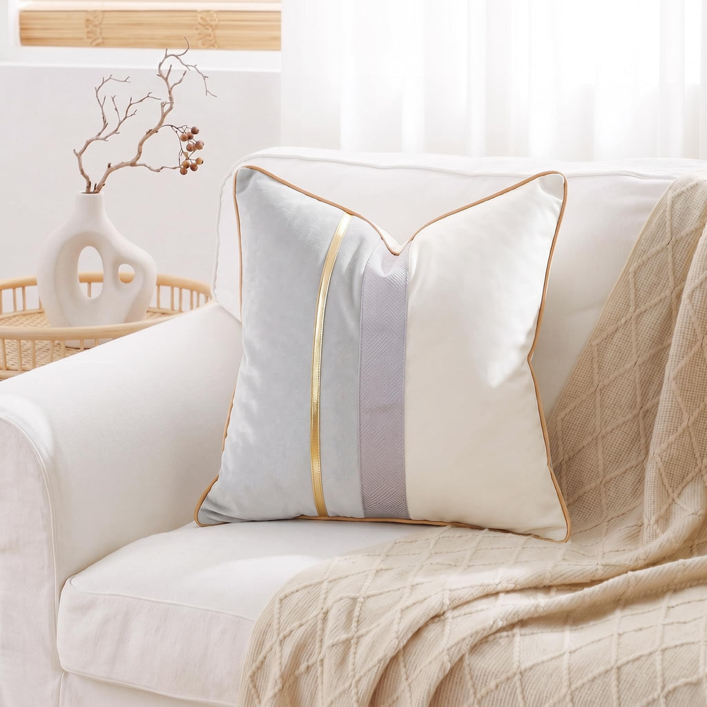 Patchwork Light Grey Silk-Like Velvet Throw Pillow Cover with Gold Striped Leather Cushion Case Modern Luxury Square