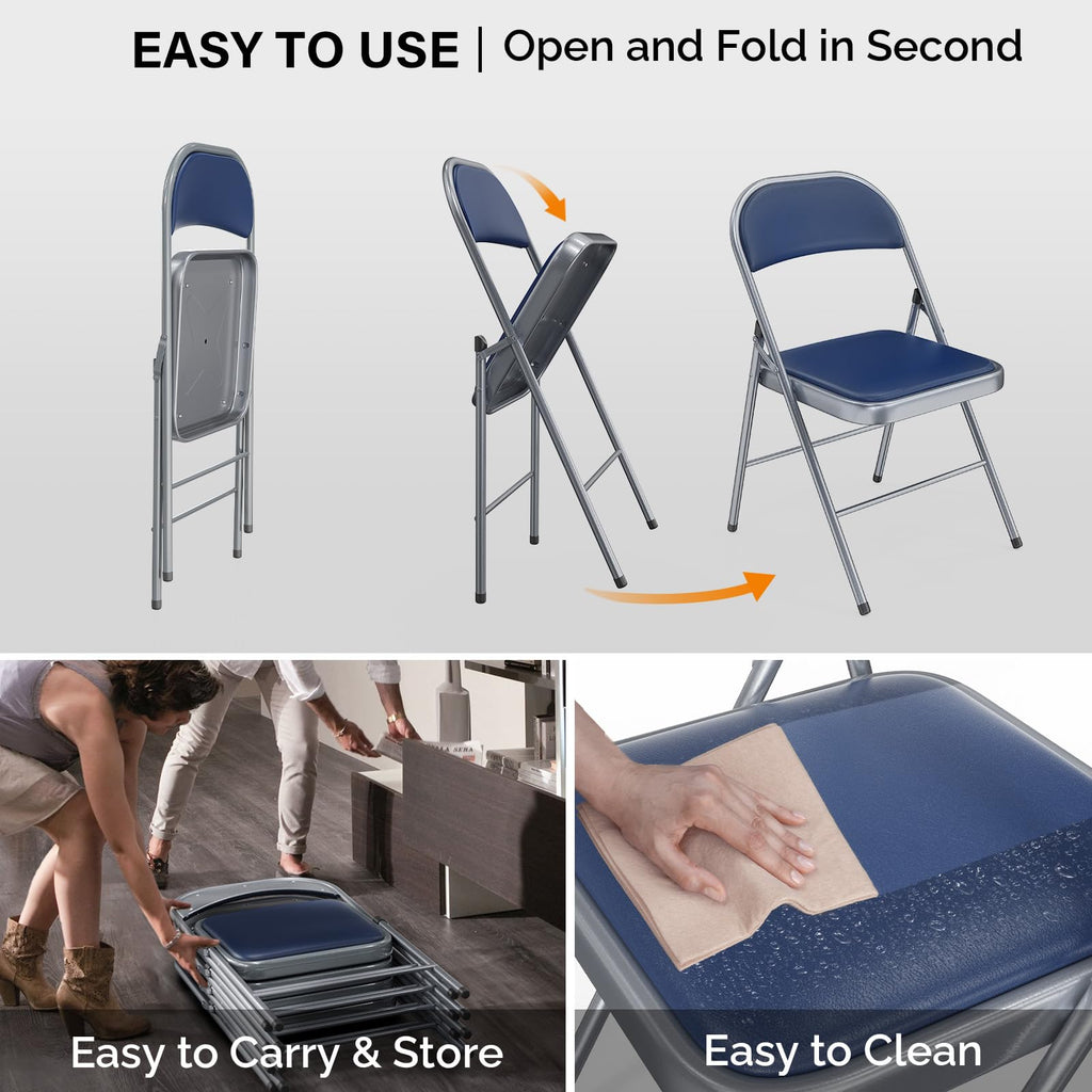 1 Pack Folding Chairs with Padded Seats, Metal Frame with Pu Leather Seat & Back, Capacity 350 lbs, Set of 1, Blue