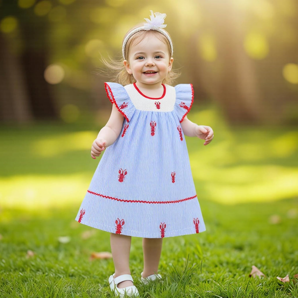 Toddler Baby Girl Crawfish Smocked Short Sleeve Dress Outfits