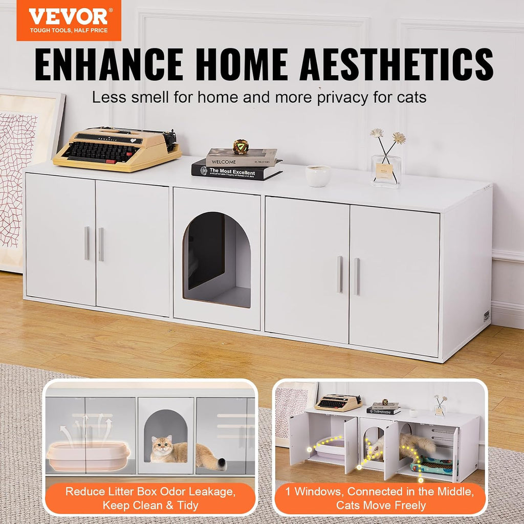 Cat Litter Box Enclosure for 2 Cats, Litter Box Furniture Hidden with Double Rooms, Wooden Cat Box Cabinet Fit Most