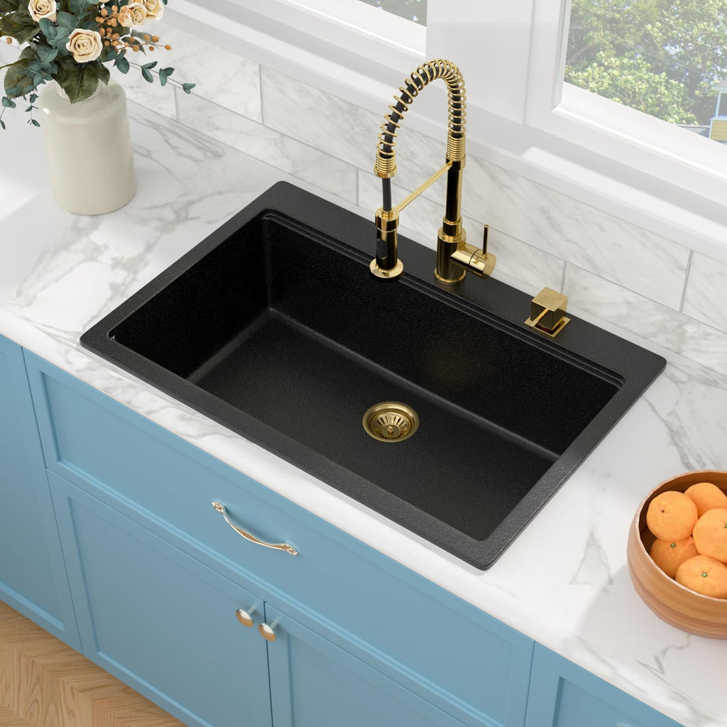 33 Black Granite Composite - 33"x22" Drop In Ledge Workstation Black Granite Quartz Composite Top-Mount Single Bowl