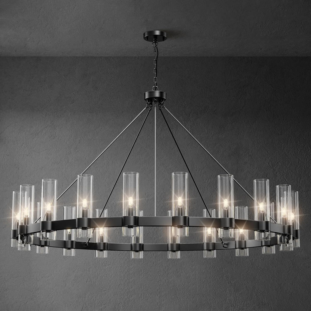 Black Round Chandelier,20-Lights Wagon Wheel Chandelier with Glass Shade, 60 Inch Large Round Industrial High Ceilings Pendant Lighting Fixture for Dining Room, Living Room, Kitchen Island A115-B0CHYDCZ6L