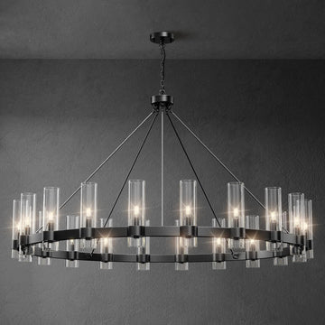 Inspired Ravelle Style 60 Inch Black Wagon Wheel Chandelier with Glass Shade, 20 Lights, Modern Farmhouse Style, Ideal for Dining Room, Kitchen, Entryways