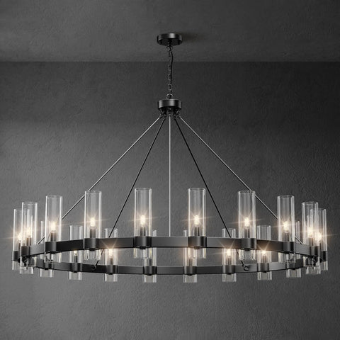 Black Round Chandelier,20-Lights Wagon Wheel Chandelier with Glass Shade, 60 Inch Large Round Industrial High Ceilings Pendant Lighting Fixture for Dining Room, Living Room, Kitchen Island A115-B0CHYDCZ6L