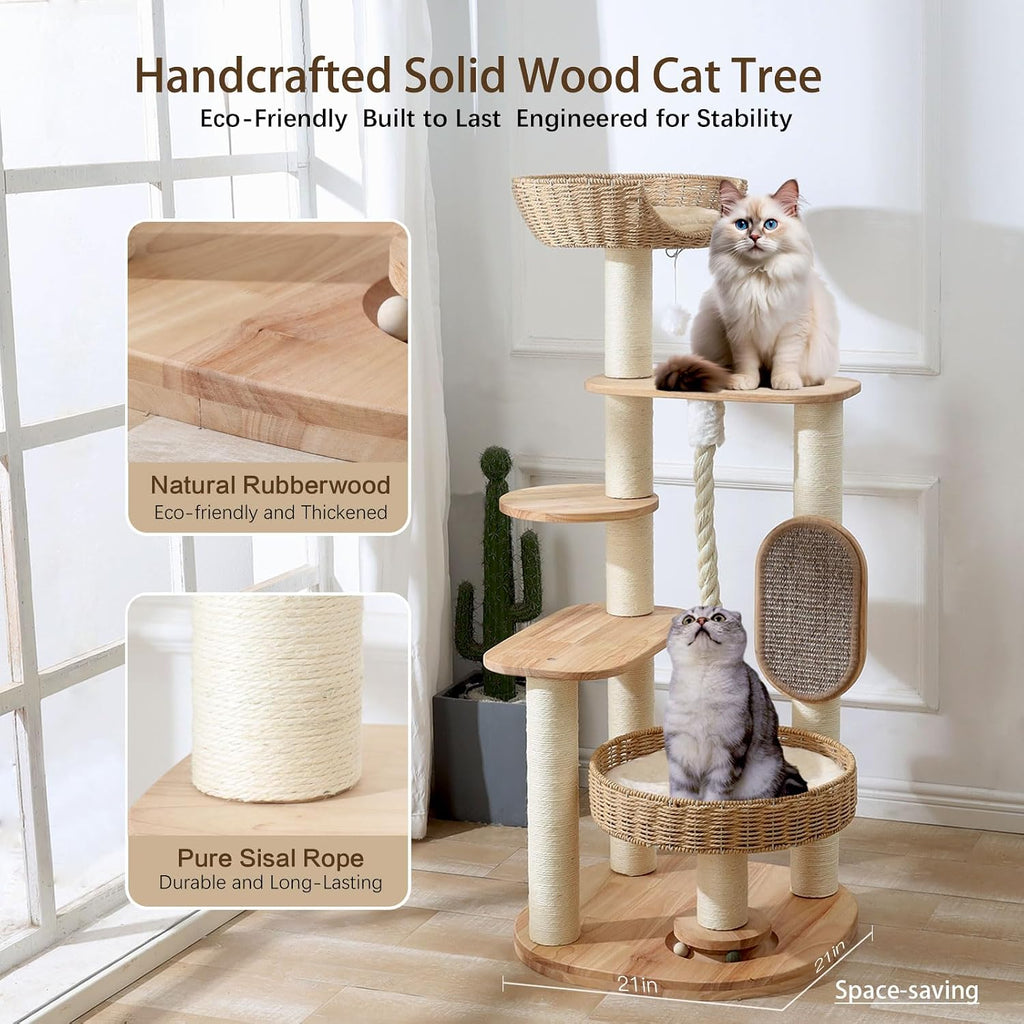 49.6in Solid Wood Cat Tree for Large Cat, Modern Tall Cat Tower