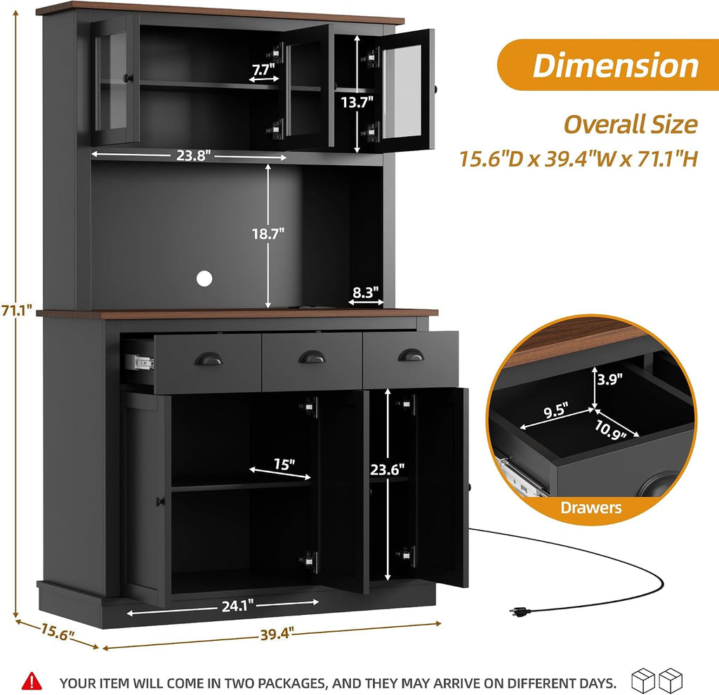 71" Kitchen Hutch with Charging Station, Tall Pantry Storage Cabinet with Microwave Stand, Adjustable Shelves, Slide