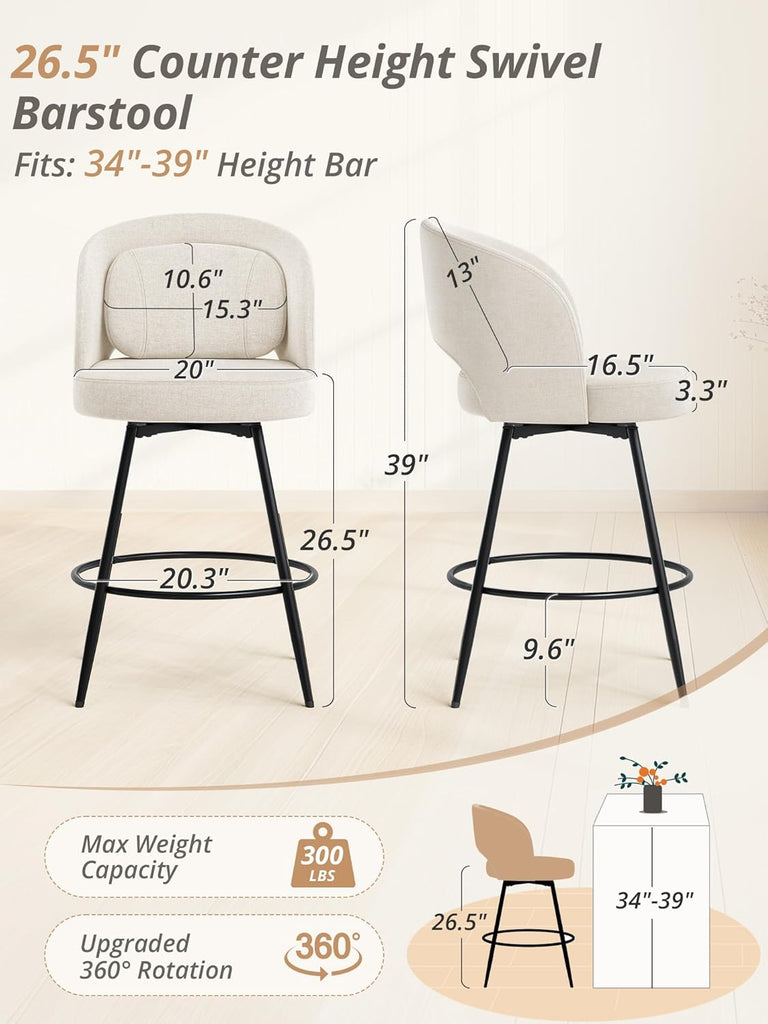 26''H Swivel Bar Stools Set of 3, Counter Height Bar Stools with Backs, Lumbar Pillow and Black Metal Frames