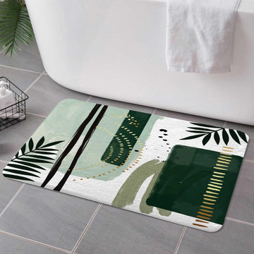 Green Mid Century Bath Rugs, Modern Boho Geometric Abstract Emerald Green Minimalist Striped Non Slip Flannel