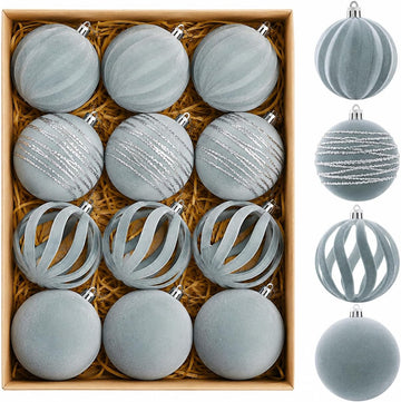 Ornaments Set of 12, 3.15", Dusty Blue Flocked Velvet Balls