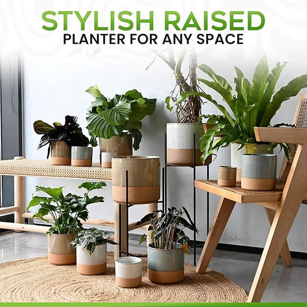 Mid-Century Modern Ceramic Planter with Plant Stand Indoor Decorative Plant Pot with Stand in Earthy Beige and White
