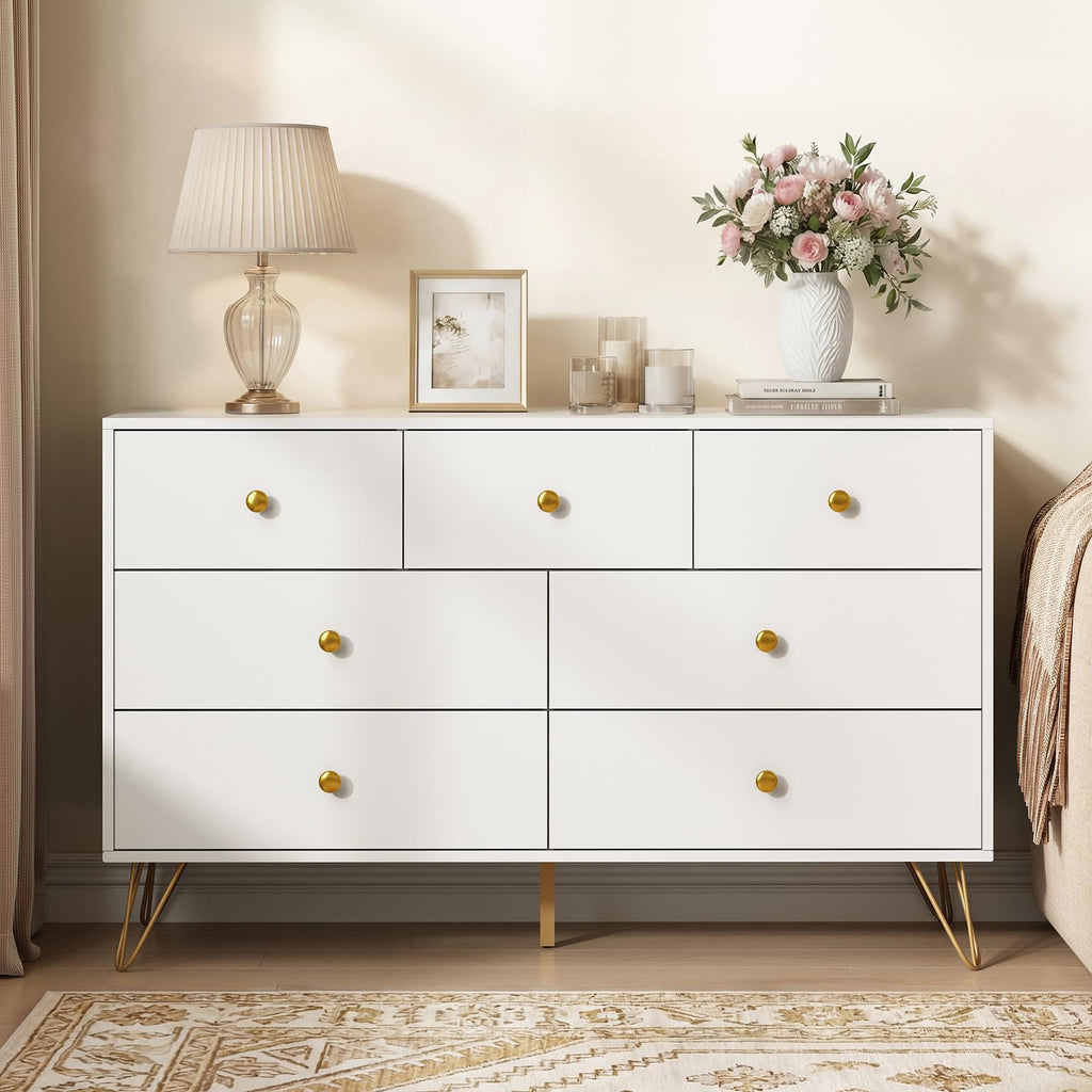 White, Modern 7 Drawer with Gold Handles and Metal Legs, White and Gold Dressers & Chest of Drawers
