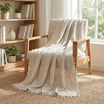 100% Linen Throw Blanket 53x60 Inch, Lightweight Boho Decorative Blanket for Couch Bed Sofa, French Country Style