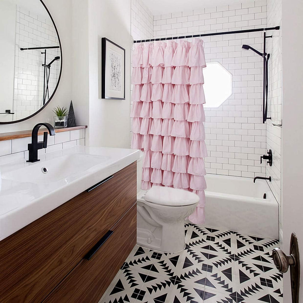 Pink Ruffle Farmhouse Rustic Fabric Cloth Shower Curtains, 72" x 72"