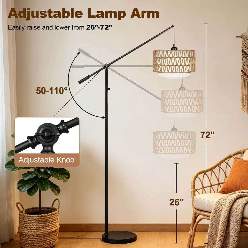Boho Dimmable Arc Floor Lamp with Adjustable Swing Arm, Dimmer Knob, Black