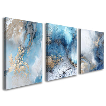 3 Piece Canvas Wall Art, Modern Abstract Blue and Gold Marble Ink Framed Wall Decor Bedroom Office, 12x16 Inch, with