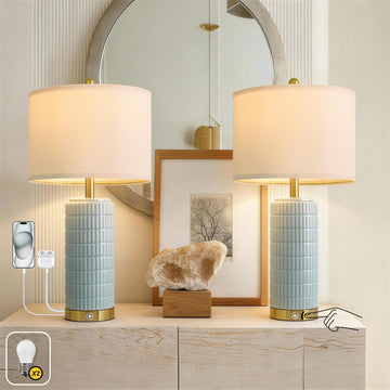25'' Bedside Table Lamps Set of 2, 3-Way Dimmable Touch Lamps, Modern Lamps for Nightstand with USB Ports, Coastal