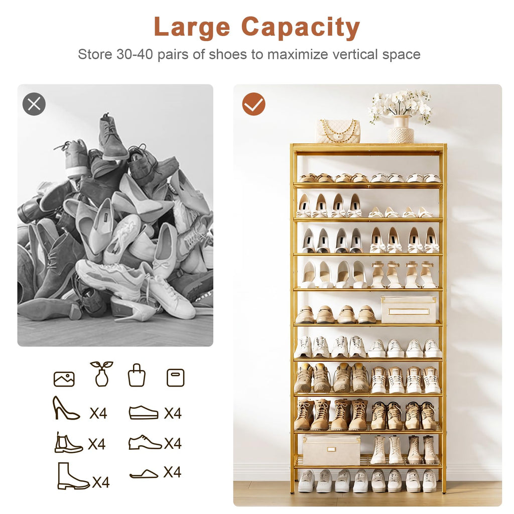 10 Tier Metal Shoe Rack with Wood Top, 30-40 Pairs Gold
