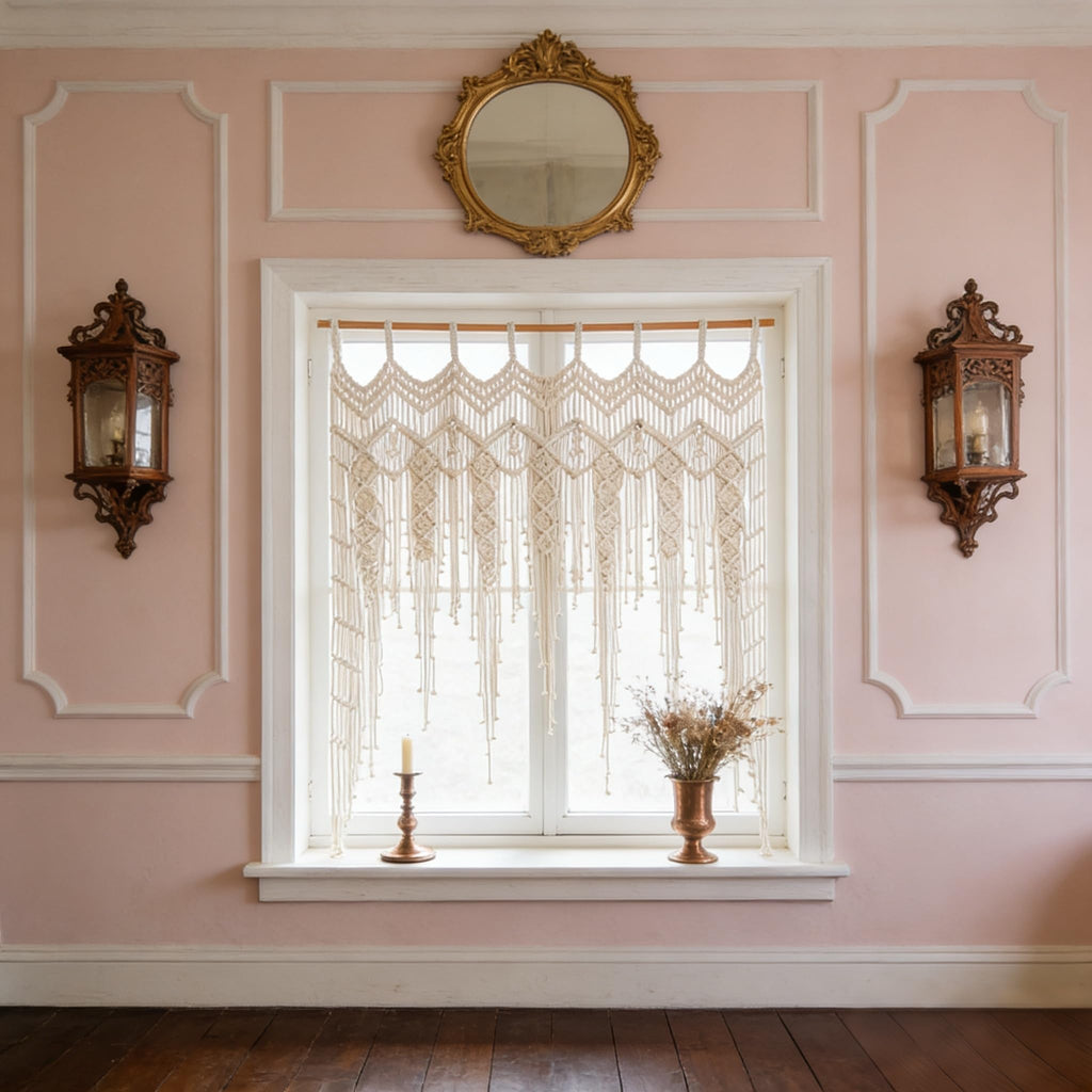 Macrame Valance Curtain for Kichen Windows 41.33 * 53.15Inch Farmhouse Boho Curtains Window Tassels Leaf Valance