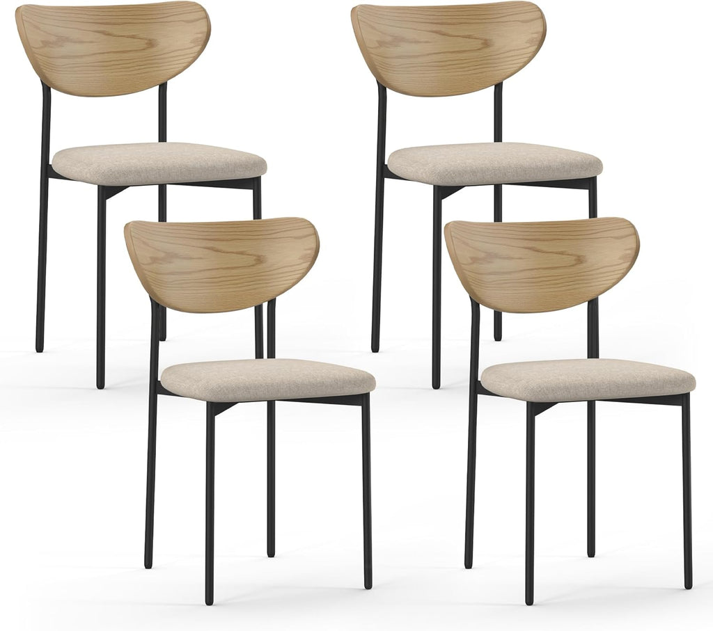 Beige Dining Chairs Set of 4, Upholstered Modern Kitchen Chairs with Curved Wood Backrest and Metal Legs for Dining Room
