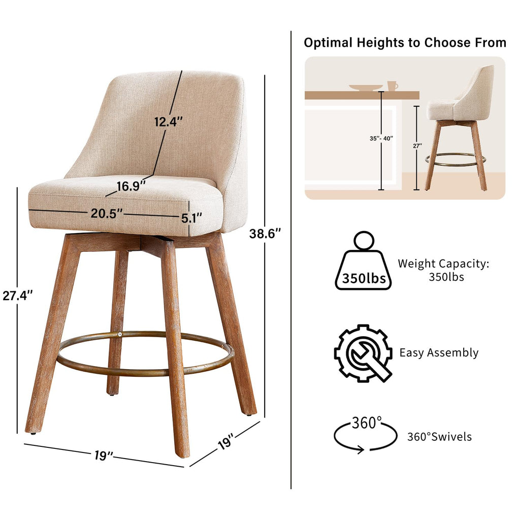 Counter Height Bar Stools, Sand-Colored Linen Comfort Fabric Bar Stool Set of 3, 360° Swivel Counter Height Stools