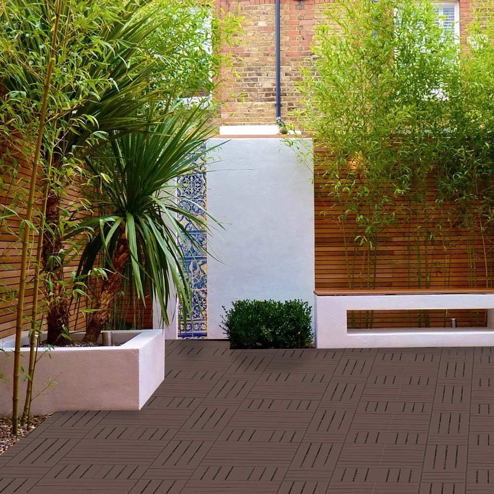Patio Deck Tiles, 12 x 12 inches Composite Interlocking Decking Tile, Four Slat Plastic Outdoor Flooring, 9 Pieces One