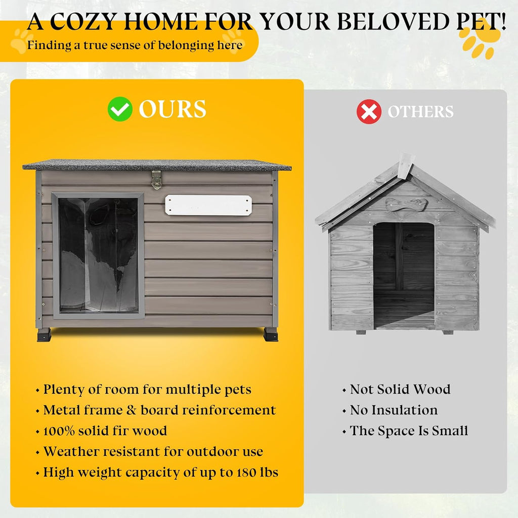 Dog House Outdoor, Chew-Proof Iron Frame Dog Kennel Weatherproof Natural Fir Wood Dog Houses with Removable