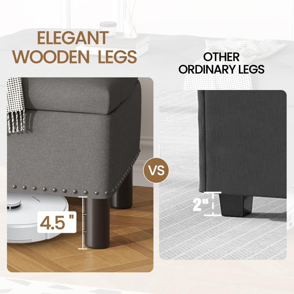 Storage Bench, Upholstered Linen Ottoman Bench with Button-Tufted, Folding Bedroom Bench with Wood Legs, Entryway