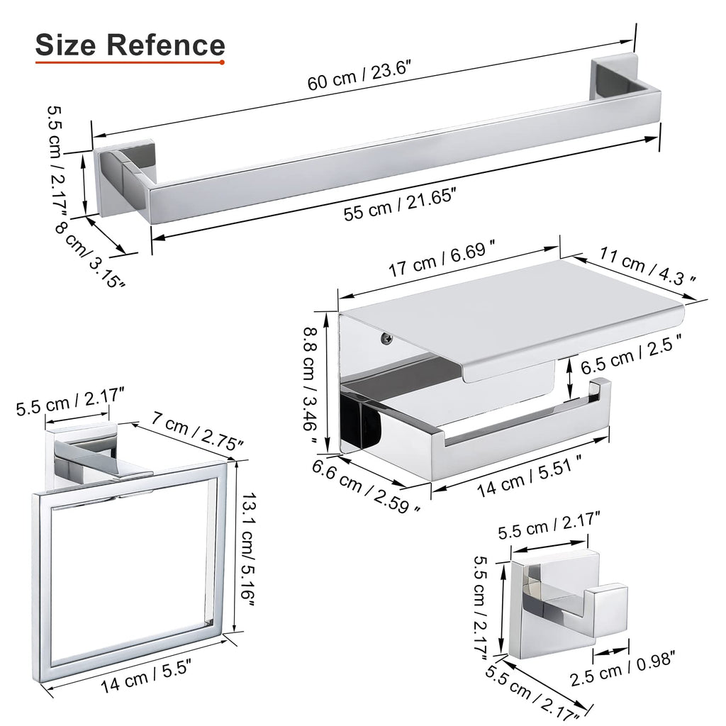 4-Piece Bathroom Hardware Set Chrome Bath Towel Bar Holder Sets Wall Mounted Stainless Steel Square Bathroom