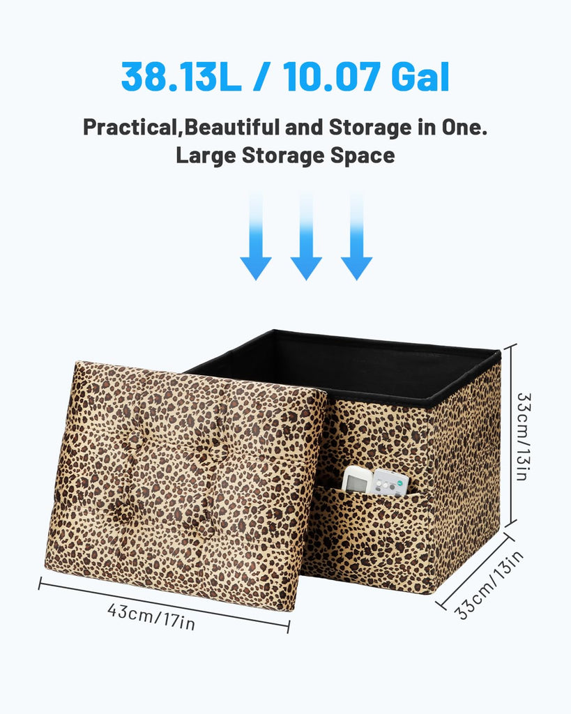 Storage Ottoman, 17" Folding Velvet Foot Rest, Leopard Print 2 Pack