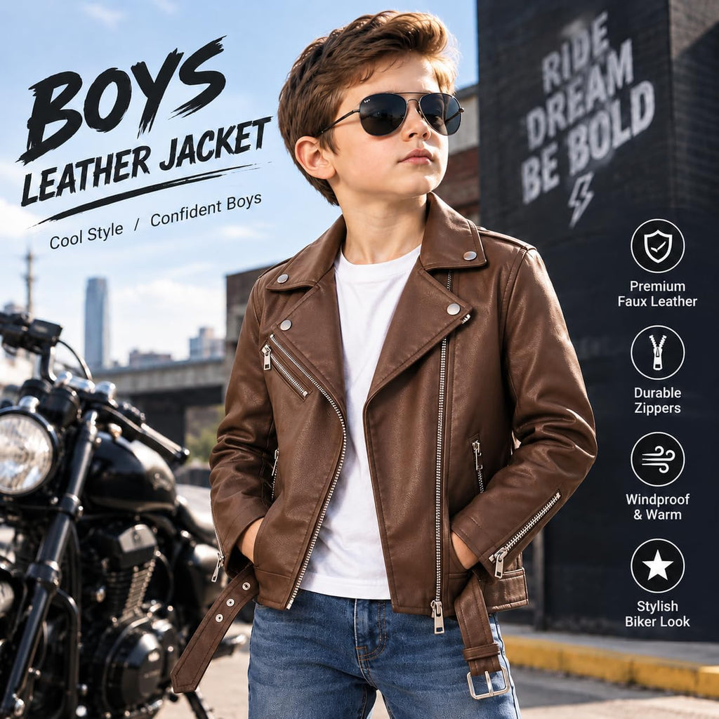 Boys Faux Leather Motorcycle Biker Jacket Asym-Zipper