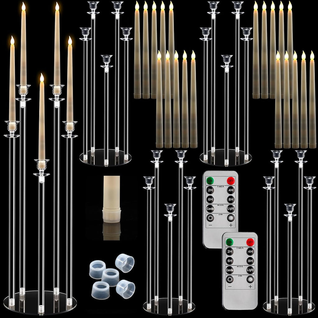 4 Set 5 Arms Acrylic Candelabra Centerpieces, Clear Candlesticks Holders with 20 LED Candles 2 Remote Timer 22 Rubber
