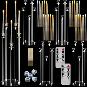 4 Set 5 Arms Acrylic Candelabra Centerpieces, Clear Candlesticks Holders with 20 LED Candles 2 Remote Timer 22 Rubber