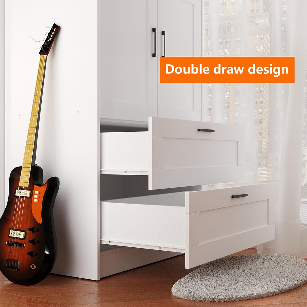 3 Doors Wooden Wardrobe Closet Armoire, White Storage Cabinet for Hanging Clothes, Bedroom Large Capacity