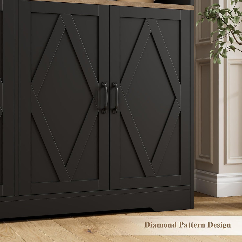 55" W Pantry Cabinet, 71" Tall Kitchen Hutch Storage Cabinet, Black | Farmhouse Hutch Cabinet with 2 Independant