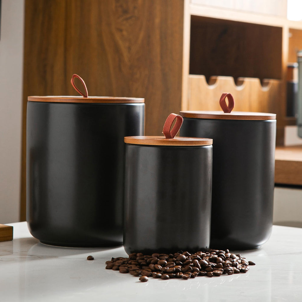 Black Ceramic Canister & Jar Set, Airtight Bamboo Lids 3-Piece