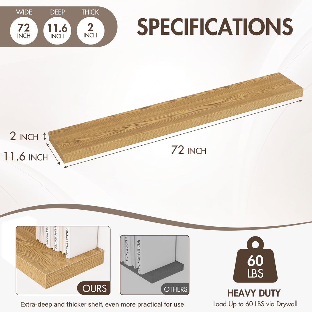 72 Inch Floating Shelves, 12" Deep Floating Shelf Wall Mounted, 72" Wall Shelves, Rustic Deep Bookshelf, Extra Deeper