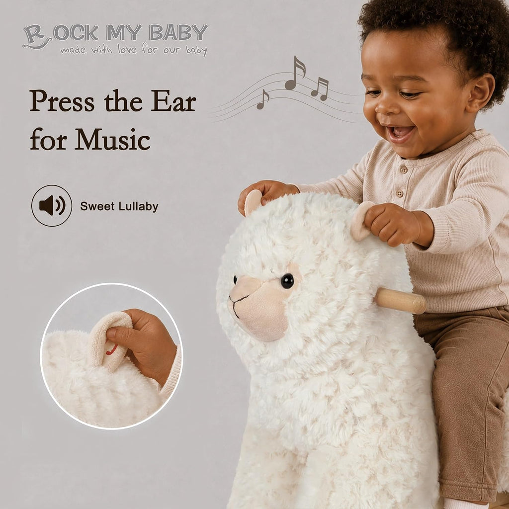 My Baby Rocking Llama with Seat, Plush Stuffed Pony Rocker for Toddlers 1-3, Baby Rocker with Sweet Music, Wooden