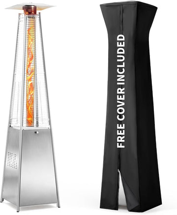 Patio Heater, 48,000 BTU Pyramid Flame Patio Outdoor Heater with Cover, Quartz Glass Tube Stainless Steel Propane